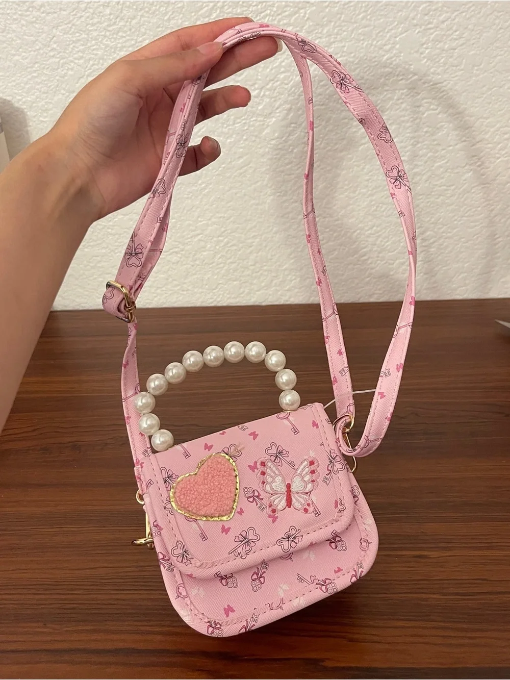 Pink Butterfly & Heart Pearl-Handle Crossbody Bag